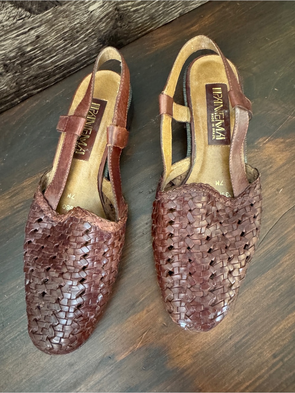 Vintage Ipanema Brown Woven Leather Slingback Flats